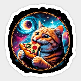 Funny Orange Cat eating Pizza in Space Sticker